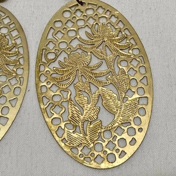 Forever 21 Goldtone Oval Earrings Lace Lattice Etched Dangle Hook Boho NWOT - Picture 4 of 8